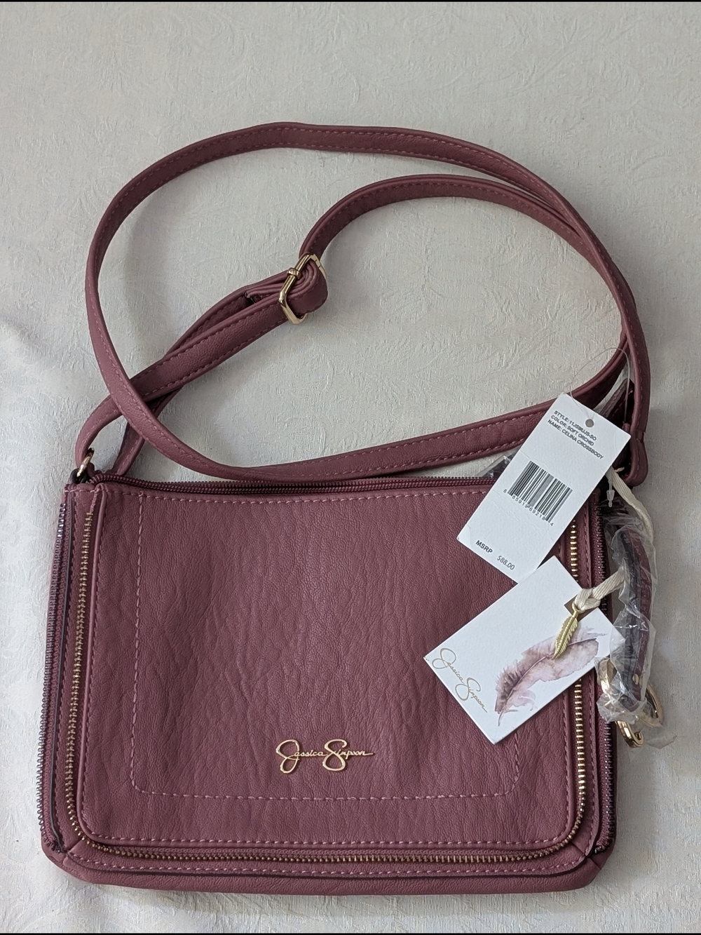 Jessica Simpson Mauve Crossbody Bag Zip Gold Hardware Animal Print Inner Pockets